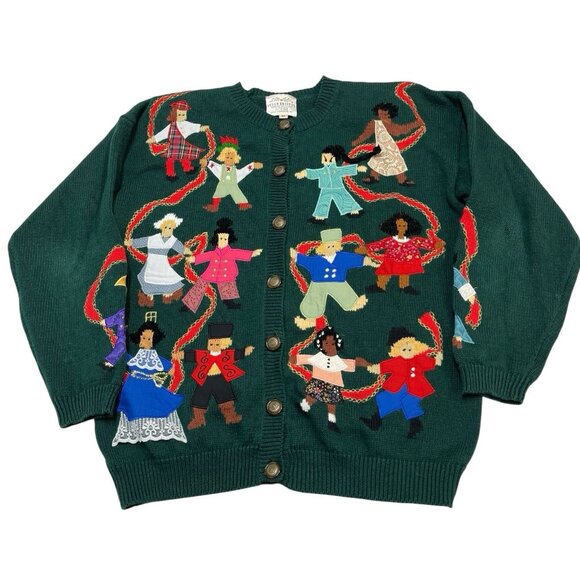 Vintage Susan Bristol Cardigan Womens M Embroidered International Dolls Travel - Picture 1 of 9